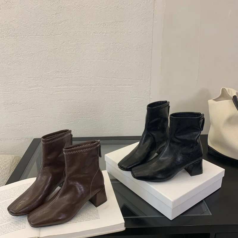ZAROY Back Zipper Chunky Heel Slim Women Ankle Boots Autumn Winter Elegant Square Toe Leather Botas Office Party Dress Booties