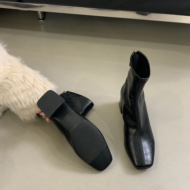 ZAROY Back Zipper Chunky Heel Slim Women Ankle Boots Autumn Winter Elegant Square Toe Leather Botas Office Party Dress Booties