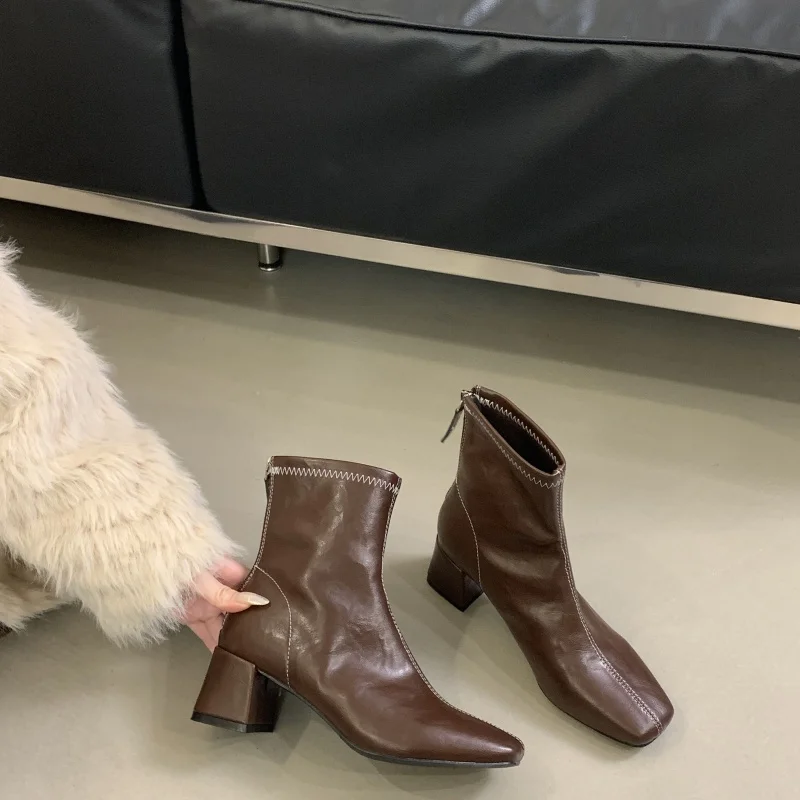ZAROY Back Zipper Chunky Heel Slim Women Ankle Boots Autumn Winter Elegant Square Toe Leather Botas Office Party Dress Booties