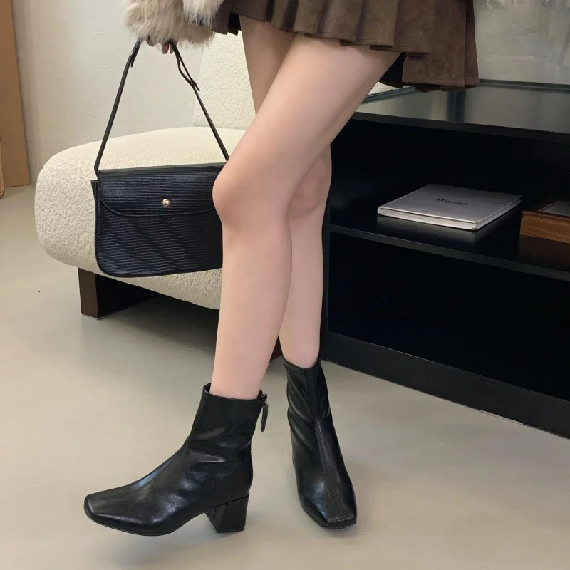 ZAROY Back Zipper Chunky Heel Slim Women Ankle Boots Autumn Winter Elegant Square Toe Leather Botas Office Party Dress Booties