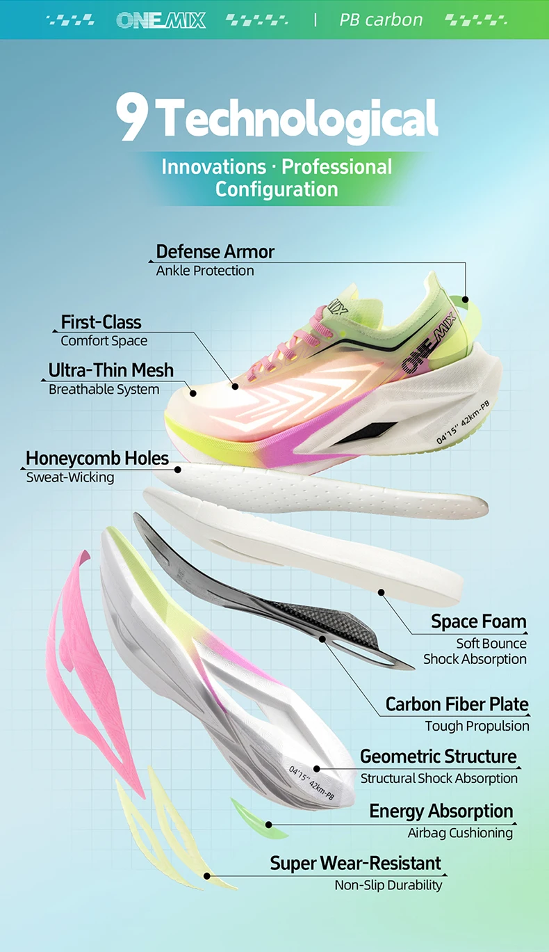 ONEMIX Running Shoes Men Women Sneakers Full Palm Carbon Board Professional Shock Absorbing Breathable Elastic Sports Shoe