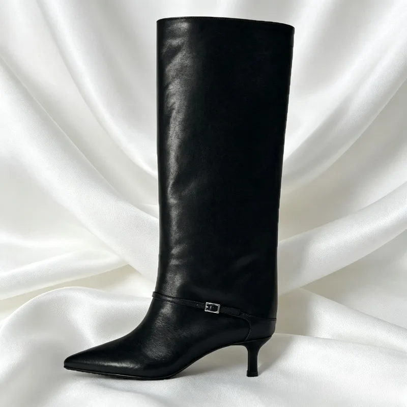 British Style Black Soft Leather Knee Boots Women Luxury Buckle Kitten Heel Designer Boots Sexy Pointed Toe Botas Invierno Mujer