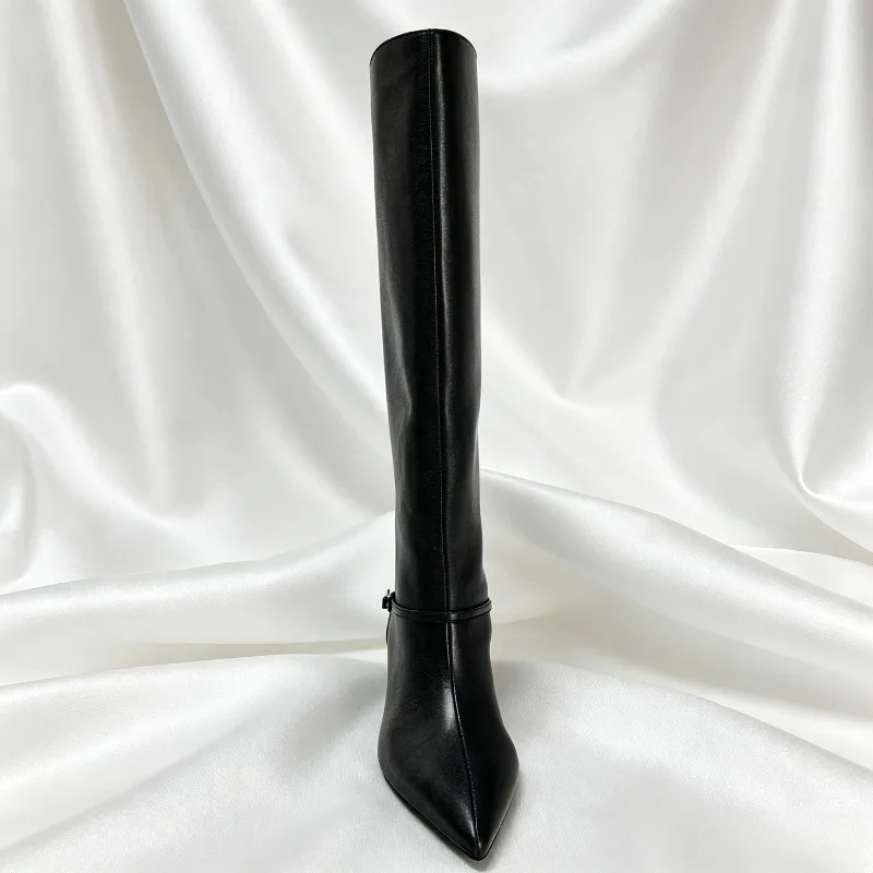 British Style Black Soft Leather Knee Boots Women Luxury Buckle Kitten Heel Designer Boots Sexy Pointed Toe Botas Invierno Mujer