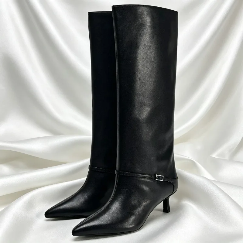 British Style Black Soft Leather Knee Boots Women Luxury Buckle Kitten Heel Designer Boots Sexy Pointed Toe Botas Invierno Mujer