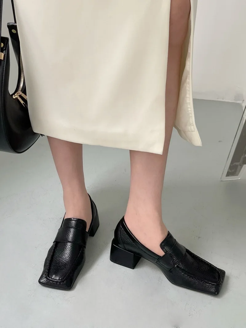 Comfortable Chunky-Heeled Women's Pumps Fashion Square-Toe Soft Leather Designer Loafers Ladies British-Style Office Formal Shoe