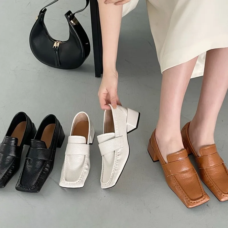 Comfortable Chunky-Heeled Women's Pumps Fashion Square-Toe Soft Leather Designer Loafers Ladies British-Style Office Formal Shoe