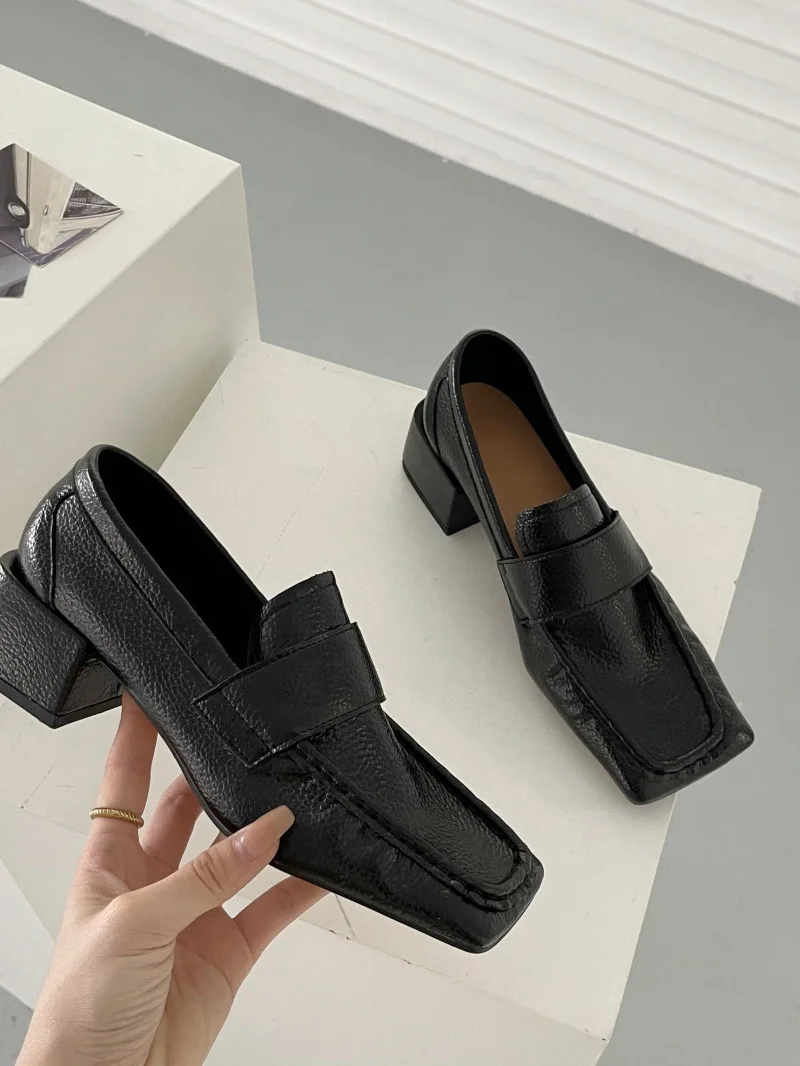 Comfortable Chunky-Heeled Women's Pumps Fashion Square-Toe Soft Leather Designer Loafers Ladies British-Style Office Formal Shoe