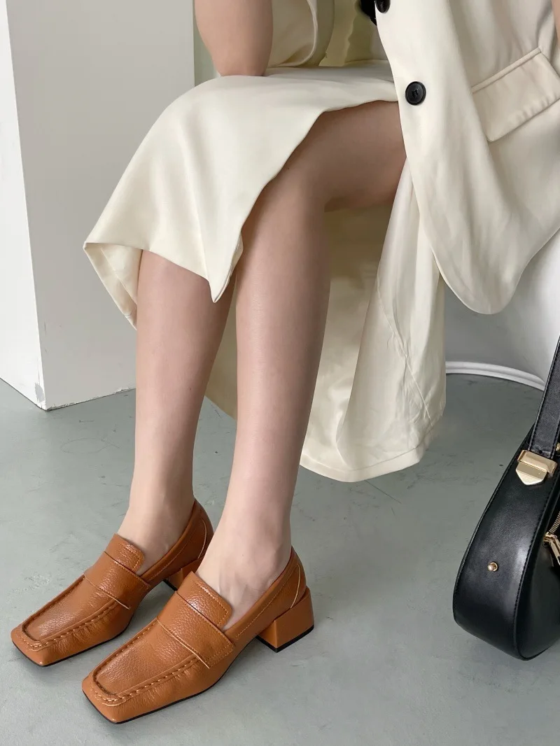 Comfortable Chunky-Heeled Women's Pumps Fashion Square-Toe Soft Leather Designer Loafers Ladies British-Style Office Formal Shoe