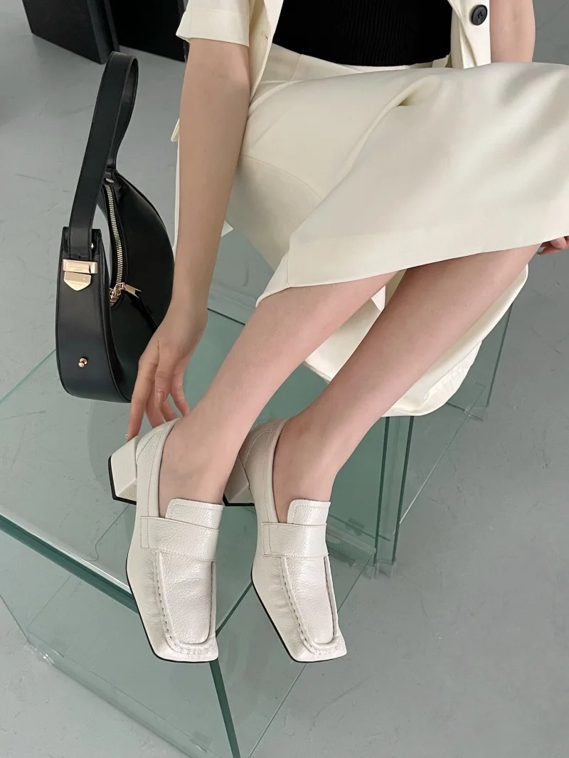 Comfortable Chunky-Heeled Women's Pumps Fashion Square-Toe Soft Leather Designer Loafers Ladies British-Style Office Formal Shoe