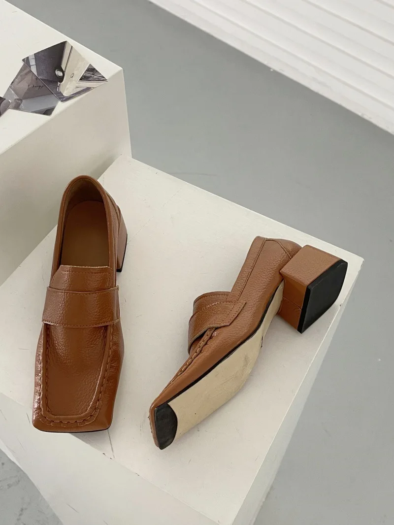 Comfortable Chunky-Heeled Women's Pumps Fashion Square-Toe Soft Leather Designer Loafers Ladies British-Style Office Formal Shoe