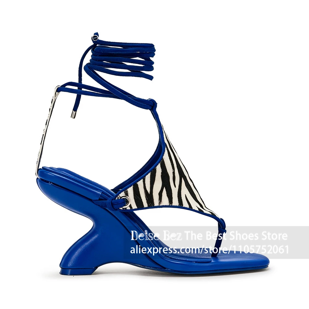 Zebra Print Lace up Sculptural Heel Sandals Black White Stripe Thong Toe Ankle Tie Wedge Sandals Strappy Curved Heel Women Shoes