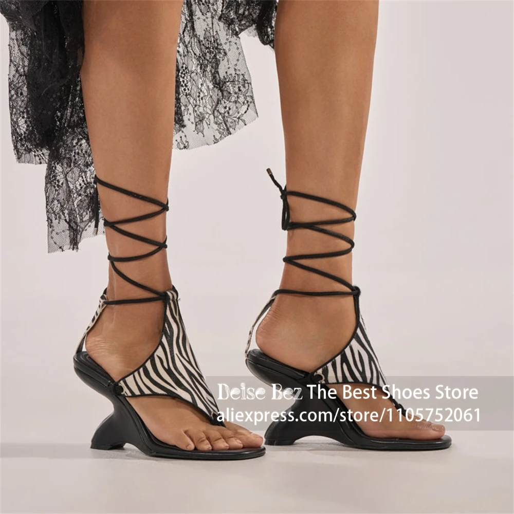 Zebra Print Lace up Sculptural Heel Sandals Black White Stripe Thong Toe Ankle Tie Wedge Sandals Strappy Curved Heel Women Shoes