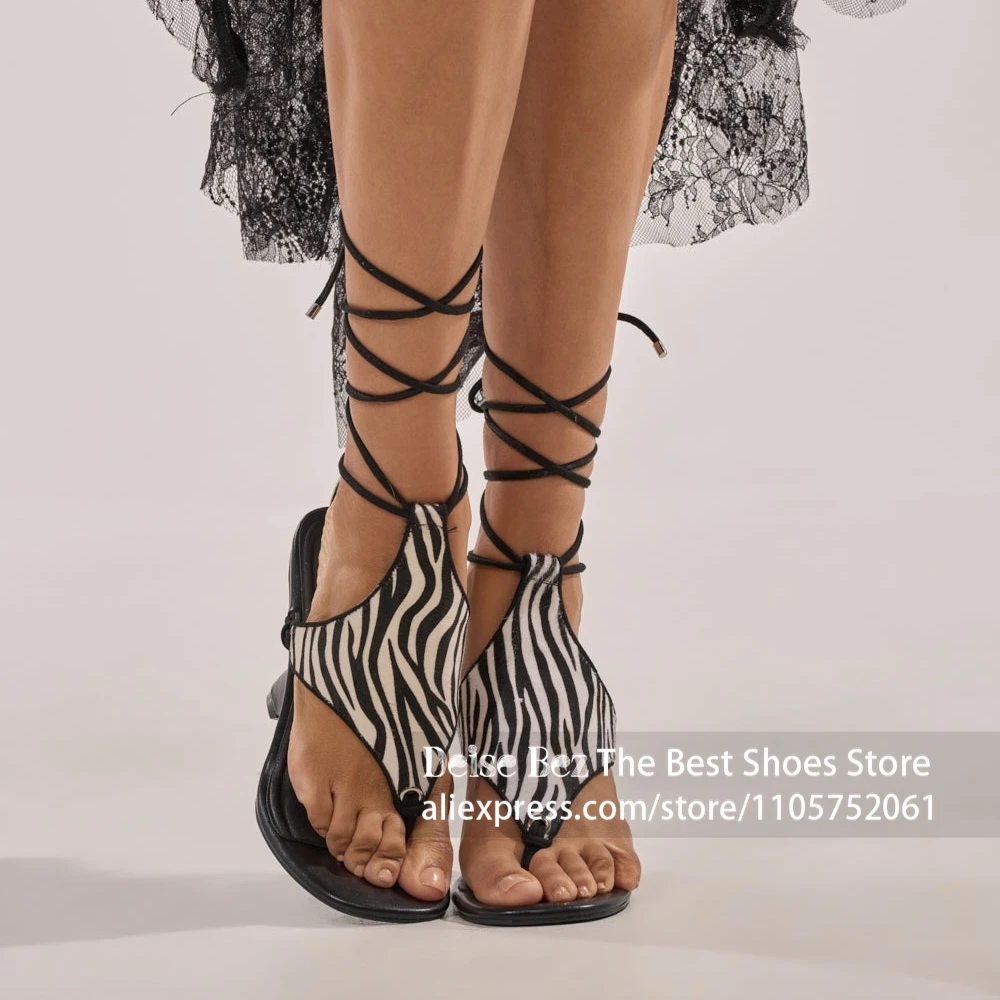 Zebra Print Lace up Sculptural Heel Sandals Black White Stripe Thong Toe Ankle Tie Wedge Sandals Strappy Curved Heel Women Shoes