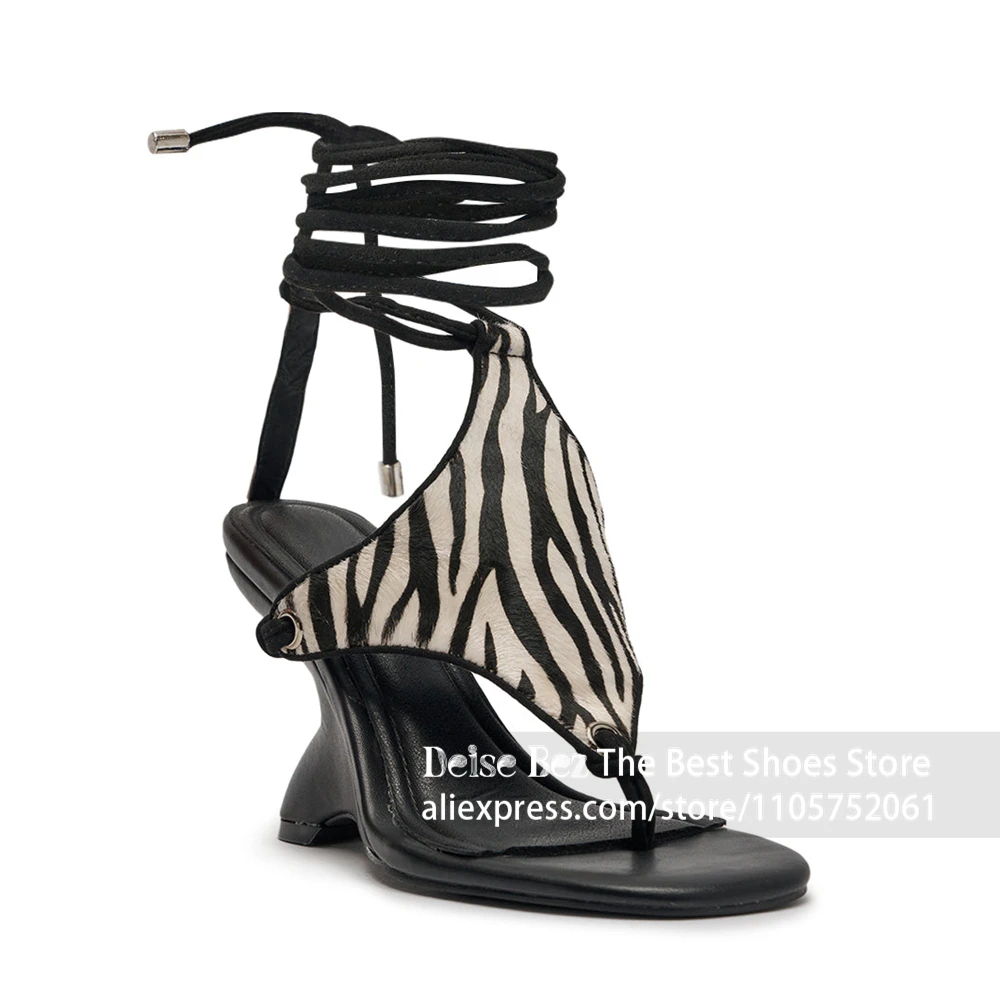Zebra Print Lace up Sculptural Heel Sandals Black White Stripe Thong Toe Ankle Tie Wedge Sandals Strappy Curved Heel Women Shoes