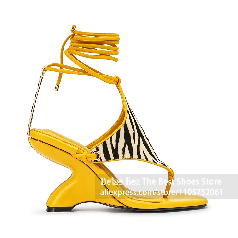 Zebra Print Lace up Sculptural Heel Sandals Black White Stripe Thong Toe Ankle Tie Wedge Sandals Strappy Curved Heel Women Shoes