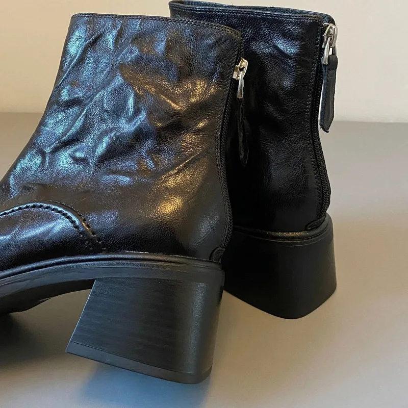 Eilyken Spring Autumn Retro Ankle Boots Women Square Heel Back Zipper Shoes Designer Split Stitching Slim Short Booties