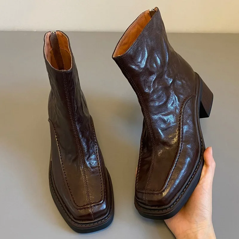 Eilyken Spring Autumn Retro Ankle Boots Women Square Heel Back Zipper Shoes Designer Split Stitching Slim Short Booties