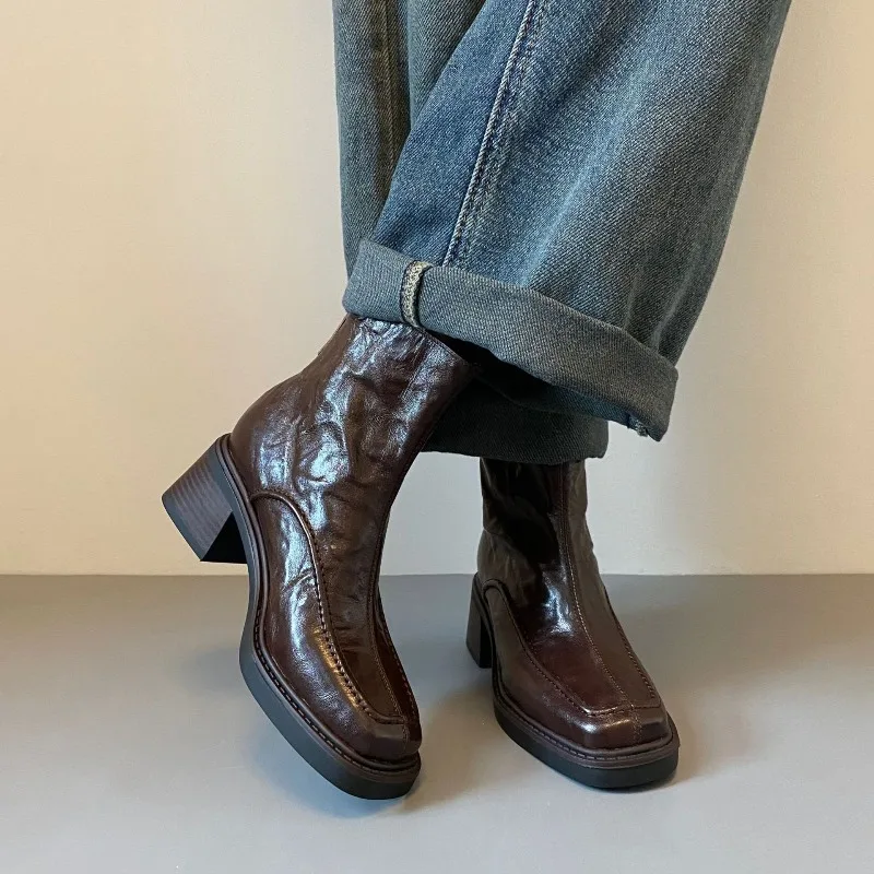 Eilyken Spring Autumn Retro Ankle Boots Women Square Heel Back Zipper Shoes Designer Split Stitching Slim Short Booties