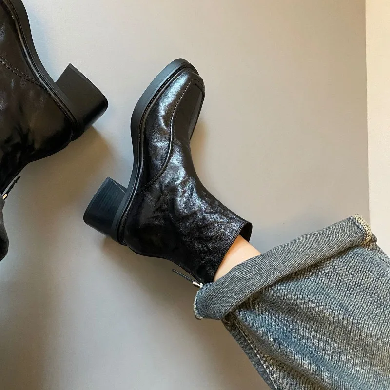 Eilyken Spring Autumn Retro Ankle Boots Women Square Heel Back Zipper Shoes Designer Split Stitching Slim Short Booties