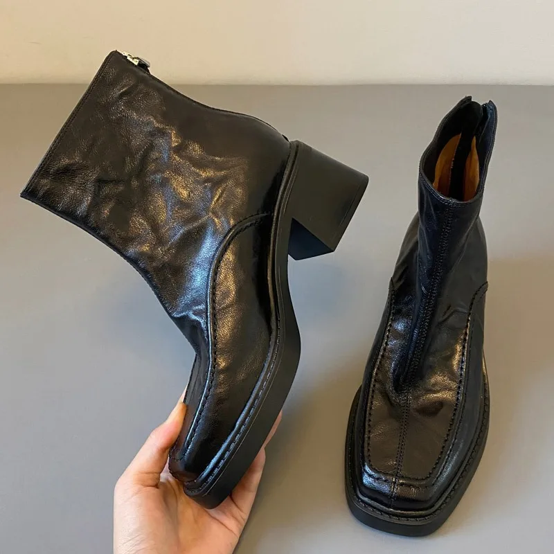 Eilyken Spring Autumn Retro Ankle Boots Women Square Heel Back Zipper Shoes Designer Split Stitching Slim Short Booties
