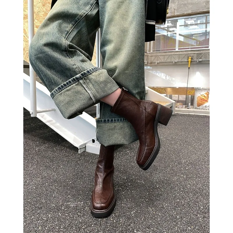 Eilyken Spring Autumn Retro Ankle Boots Women Square Heel Back Zipper Shoes Designer Split Stitching Slim Short Booties