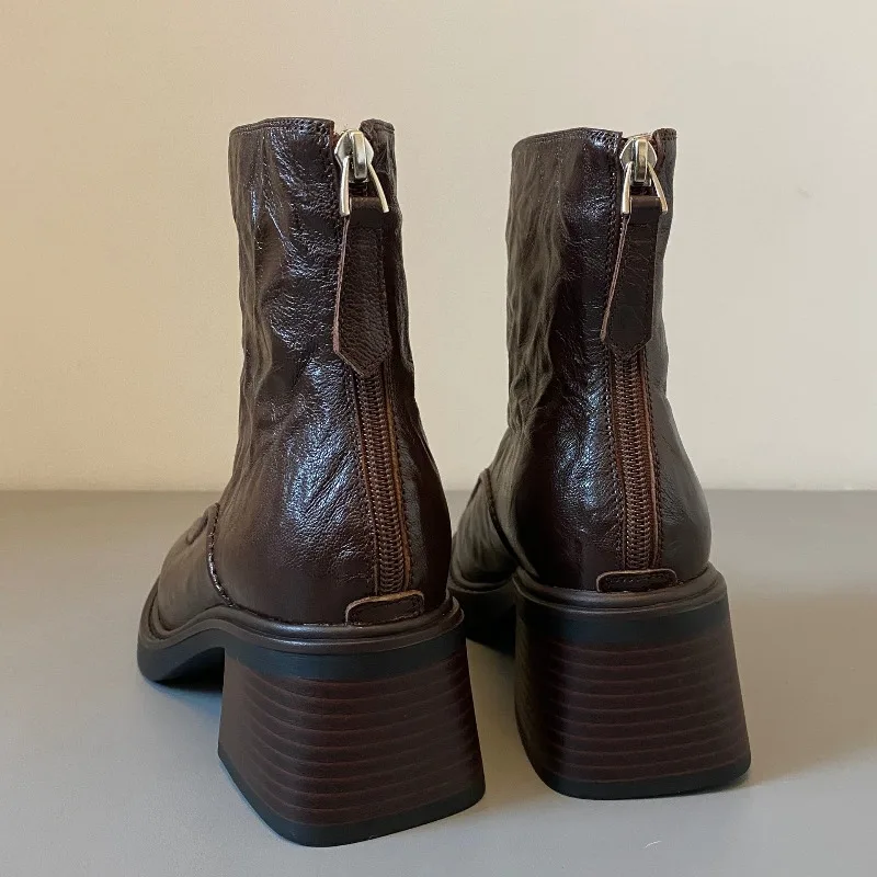 Eilyken Spring Autumn Retro Ankle Boots Women Square Heel Back Zipper Shoes Designer Split Stitching Slim Short Booties