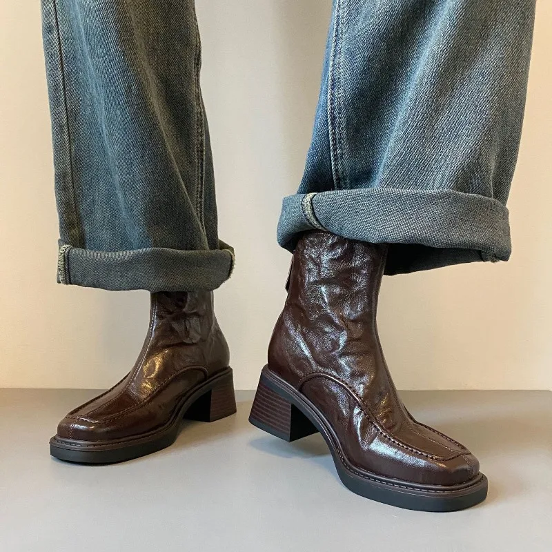 Eilyken Spring Autumn Retro Ankle Boots Women Square Heel Back Zipper Shoes Designer Split Stitching Slim Short Booties