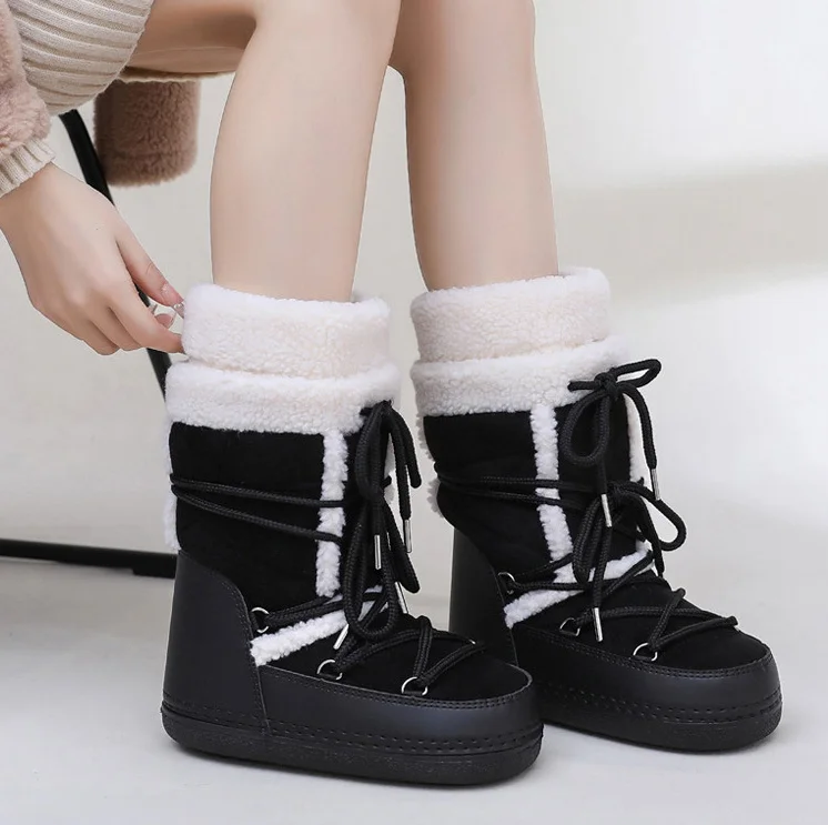 Pink New Winter Fluffy Women's Snow Boots Outdoor Faux Fur Cotton Boots Waterproof Middle Calf Platform Shoes Female Ski Boots