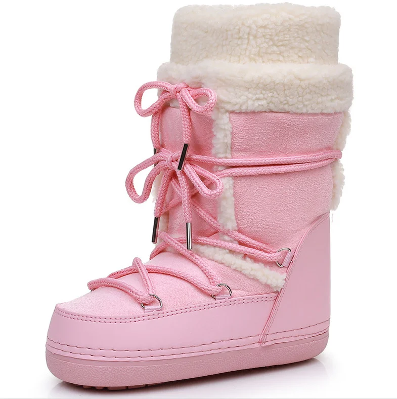 Pink New Winter Fluffy Women's Snow Boots Outdoor Faux Fur Cotton Boots Waterproof Middle Calf Platform Shoes Female Ski Boots