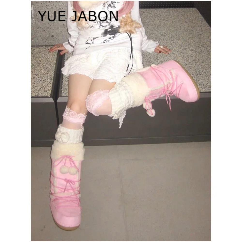 Pink New Winter Fluffy Women's Snow Boots Outdoor Faux Fur Cotton Boots Waterproof Middle Calf Platform Shoes Female Ski Boots