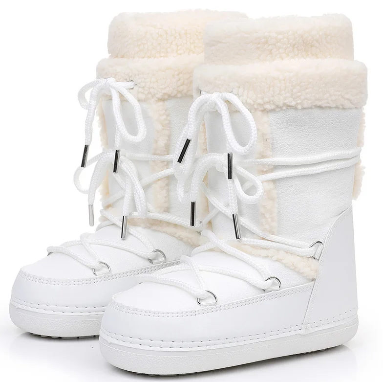 Pink New Winter Fluffy Women's Snow Boots Outdoor Faux Fur Cotton Boots Waterproof Middle Calf Platform Shoes Female Ski Boots