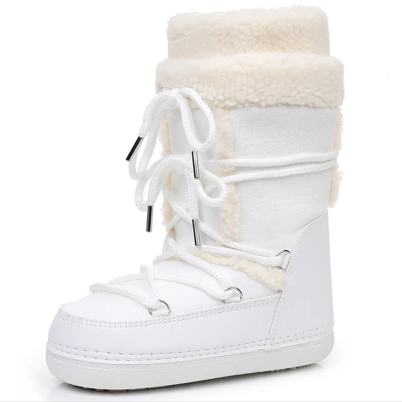Pink New Winter Fluffy Women's Snow Boots Outdoor Faux Fur Cotton Boots Waterproof Middle Calf Platform Shoes Female Ski Boots