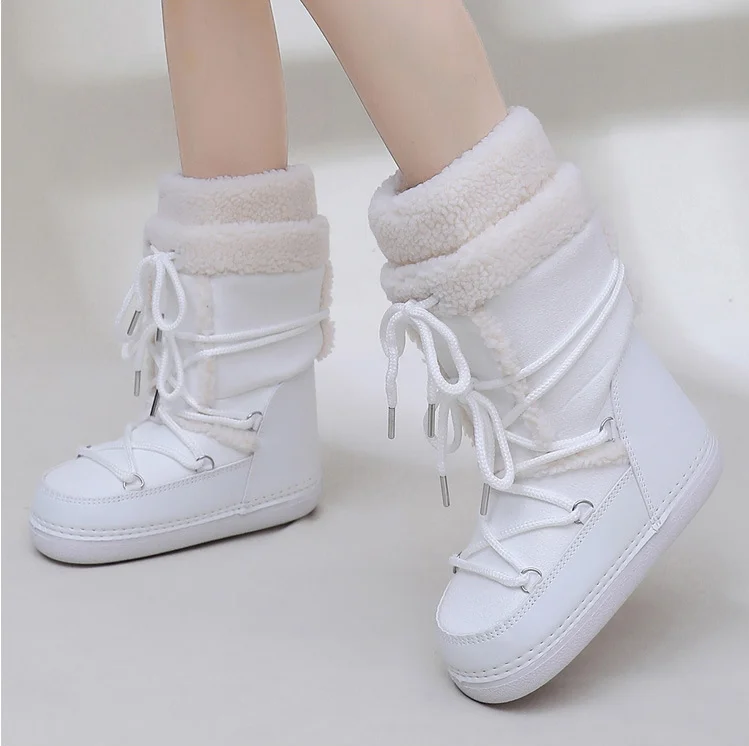 Pink New Winter Fluffy Women's Snow Boots Outdoor Faux Fur Cotton Boots Waterproof Middle Calf Platform Shoes Female Ski Boots