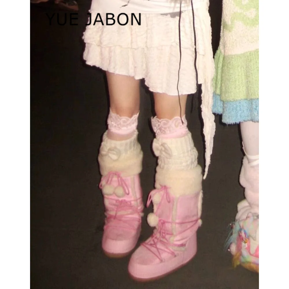 Pink New Winter Fluffy Women's Snow Boots Outdoor Faux Fur Cotton Boots Waterproof Middle Calf Platform Shoes Female Ski Boots