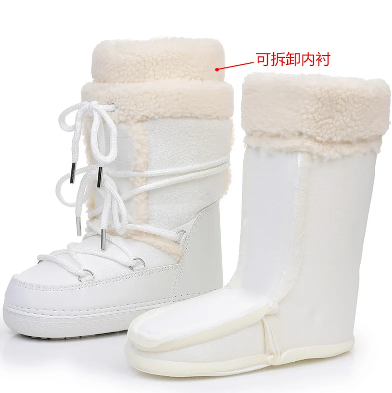 Pink New Winter Fluffy Women's Snow Boots Outdoor Faux Fur Cotton Boots Waterproof Middle Calf Platform Shoes Female Ski Boots