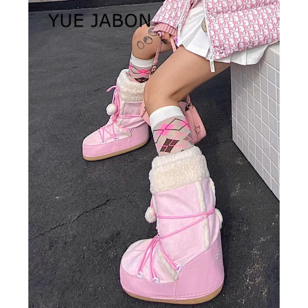Pink New Winter Fluffy Women's Snow Boots Outdoor Faux Fur Cotton Boots Waterproof Middle Calf Platform Shoes Female Ski Boots