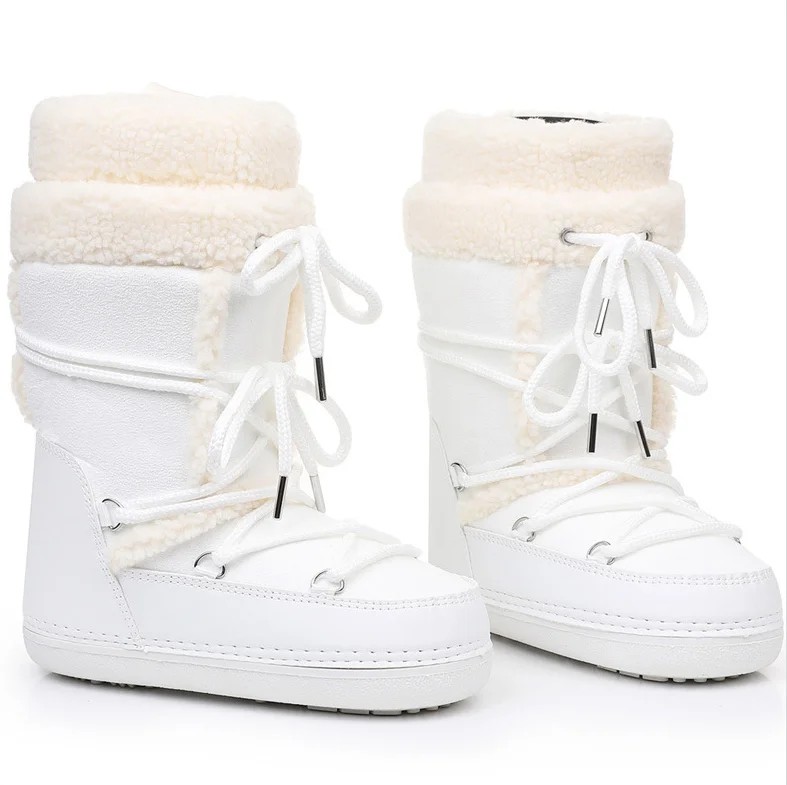Pink New Winter Fluffy Women's Snow Boots Outdoor Faux Fur Cotton Boots Waterproof Middle Calf Platform Shoes Female Ski Boots