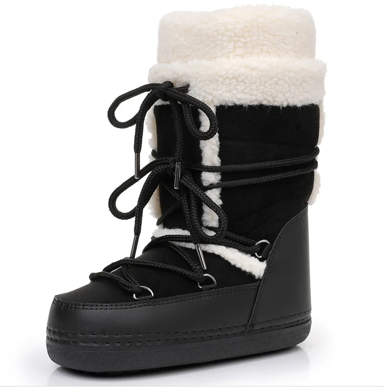 Pink New Winter Fluffy Women's Snow Boots Outdoor Faux Fur Cotton Boots Waterproof Middle Calf Platform Shoes Female Ski Boots