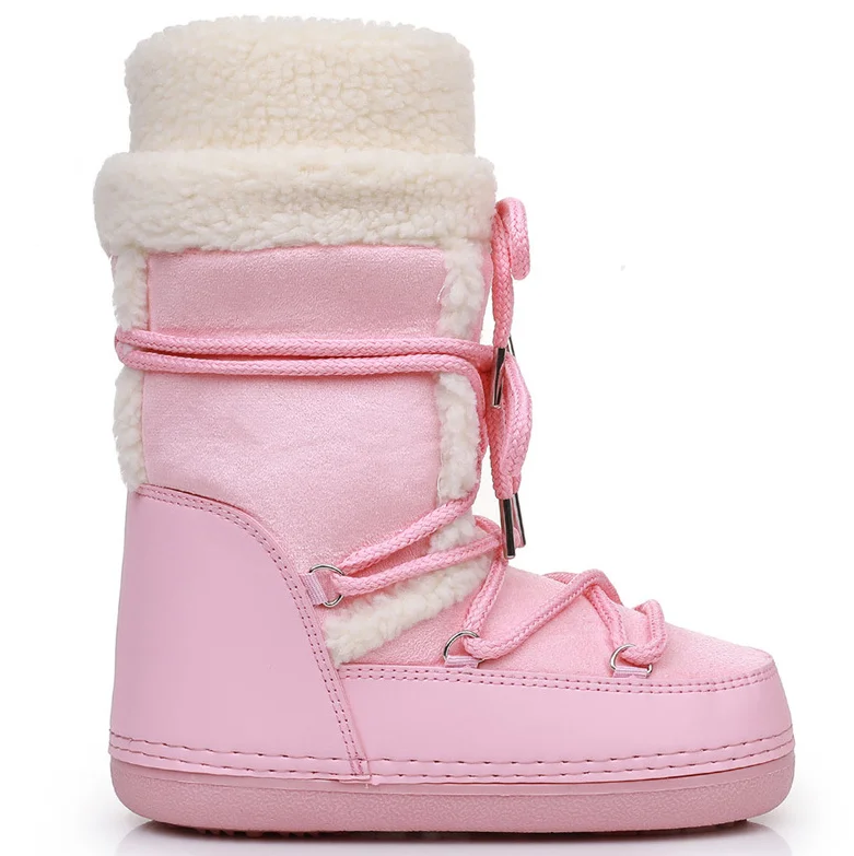 Pink New Winter Fluffy Women's Snow Boots Outdoor Faux Fur Cotton Boots Waterproof Middle Calf Platform Shoes Female Ski Boots