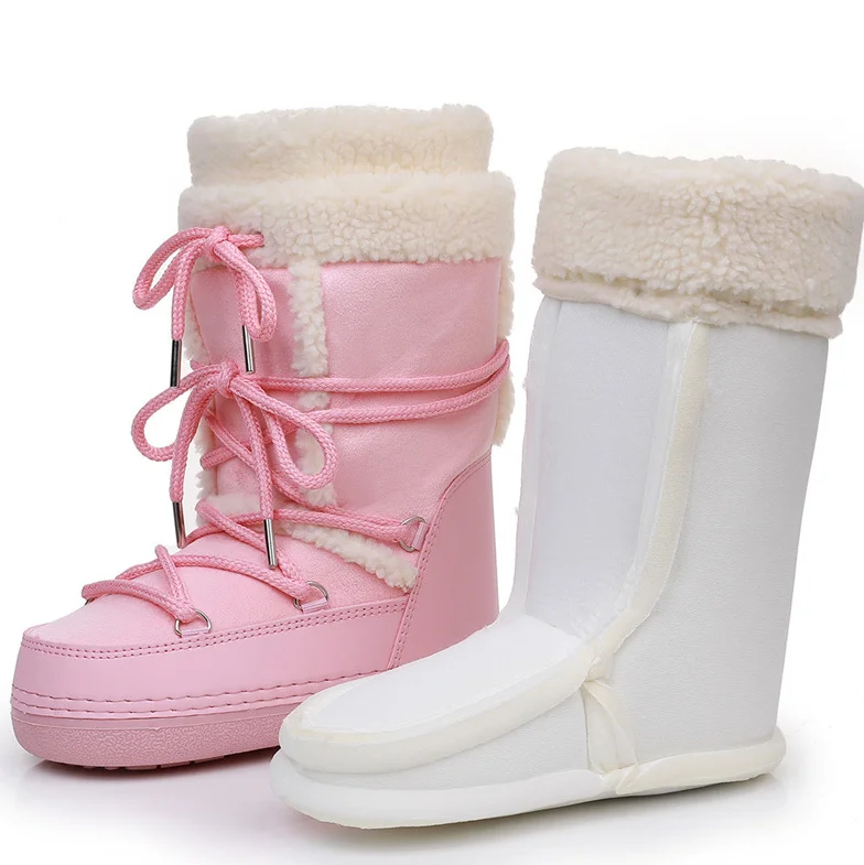 Pink New Winter Fluffy Women's Snow Boots Outdoor Faux Fur Cotton Boots Waterproof Middle Calf Platform Shoes Female Ski Boots