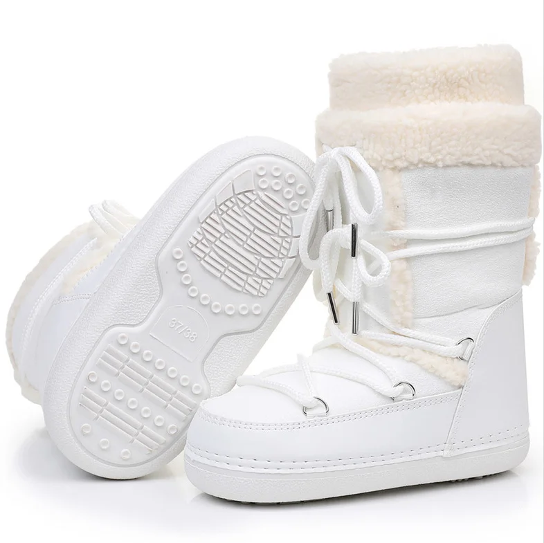 Pink New Winter Fluffy Women's Snow Boots Outdoor Faux Fur Cotton Boots Waterproof Middle Calf Platform Shoes Female Ski Boots