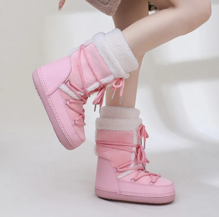 Pink New Winter Fluffy Women's Snow Boots Outdoor Faux Fur Cotton Boots Waterproof Middle Calf Platform Shoes Female Ski Boots