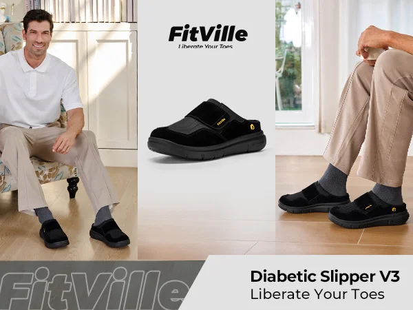 FitVille Men's Wide Fit Slippers with Arch Support Breathable Adjustable House Mules Orthopedic Indoor Walking Shoes