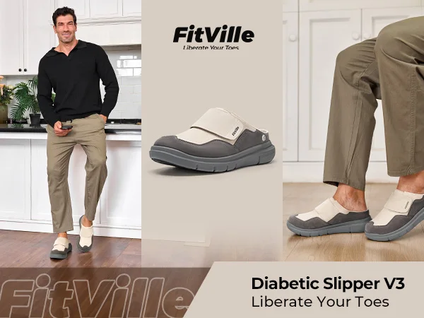 FitVille Men's Wide Fit Slippers with Arch Support Breathable Adjustable House Mules Orthopedic Indoor Walking Shoes