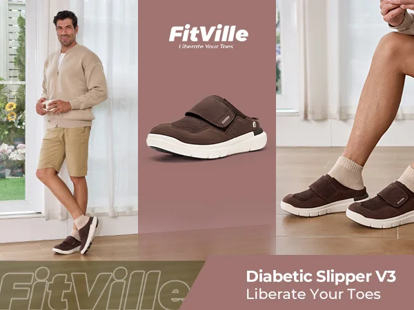 FitVille Men's Wide Fit Slippers with Arch Support Breathable Adjustable House Mules Orthopedic Indoor Walking Shoes