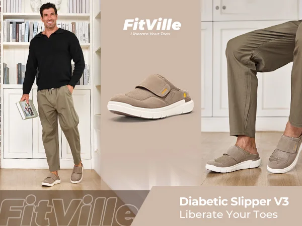 FitVille Men's Wide Fit Slippers with Arch Support Breathable Adjustable House Mules Orthopedic Indoor Walking Shoes