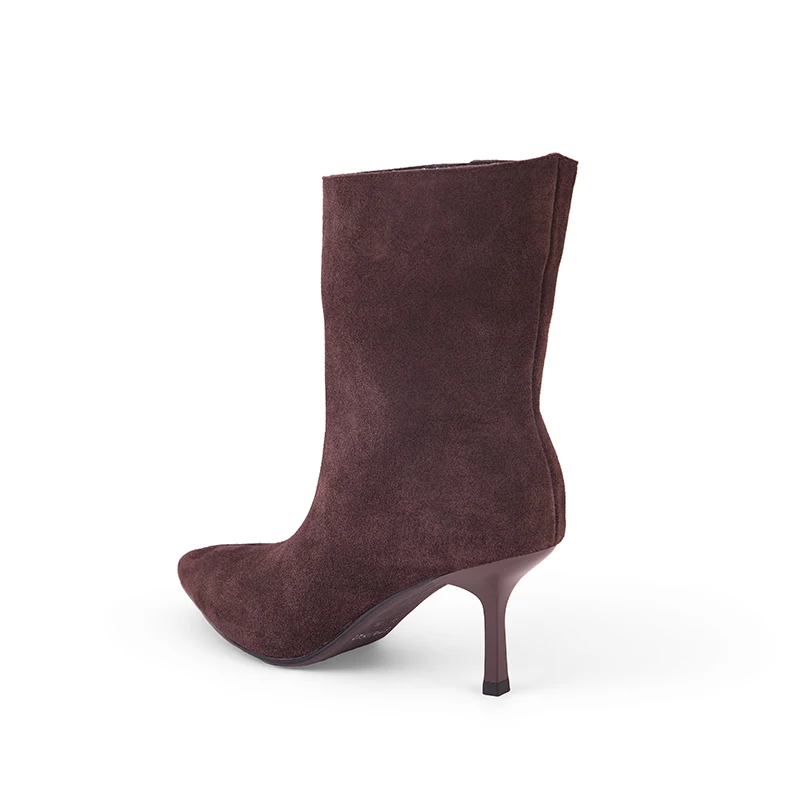 NEW TREND 2026 Autumn Winter Women Cow Suede High Thin Heeled Ankle Boots Black Apricot Khaki Chocolate Ladies Pointed Toe Boots
