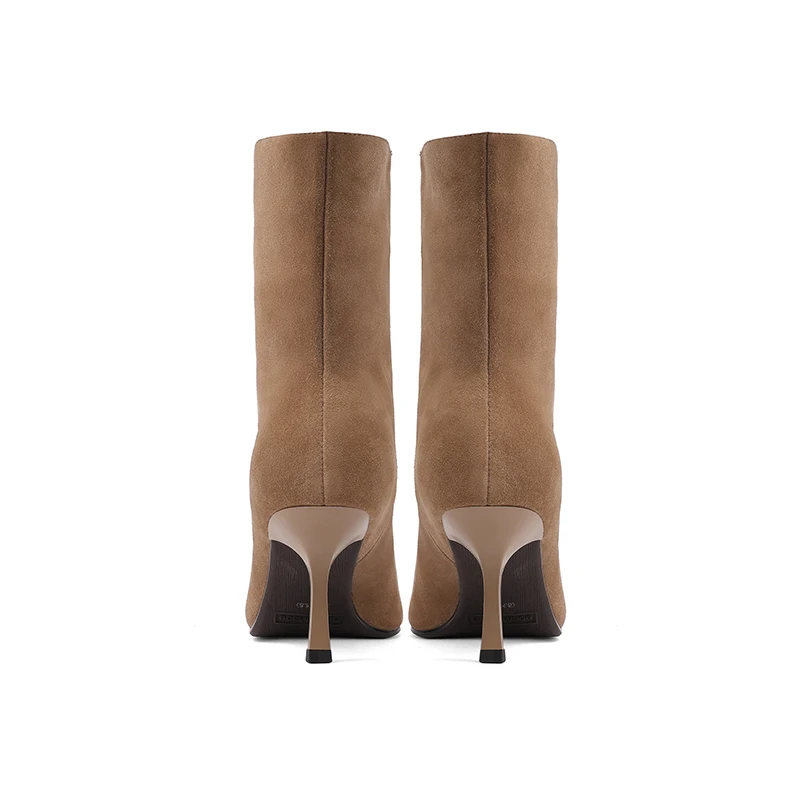 NEW TREND 2026 Autumn Winter Women Cow Suede High Thin Heeled Ankle Boots Black Apricot Khaki Chocolate Ladies Pointed Toe Boots