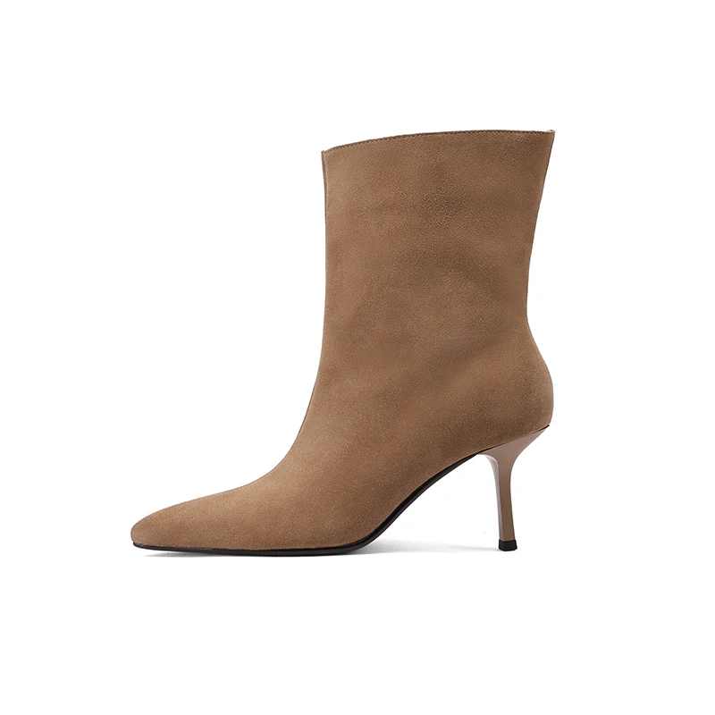 NEW TREND 2026 Autumn Winter Women Cow Suede High Thin Heeled Ankle Boots Black Apricot Khaki Chocolate Ladies Pointed Toe Boots