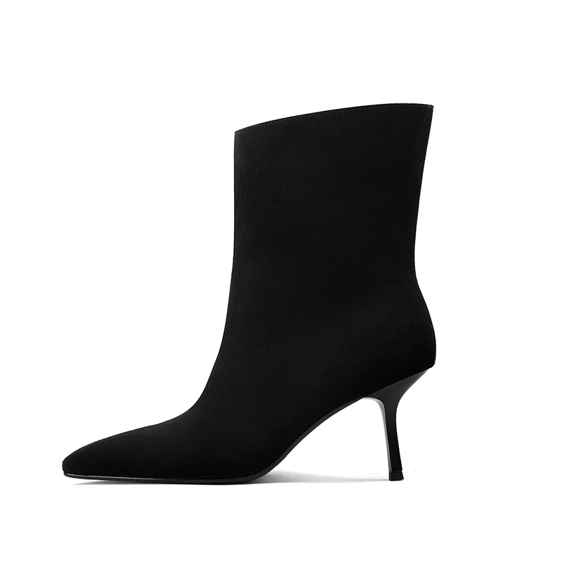 NEW TREND 2026 Autumn Winter Women Cow Suede High Thin Heeled Ankle Boots Black Apricot Khaki Chocolate Ladies Pointed Toe Boots